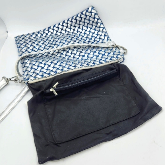 Denim Crystal Rhinestone Crossbody Bag With Metallic Weaving On Back - Picture 7 of 16